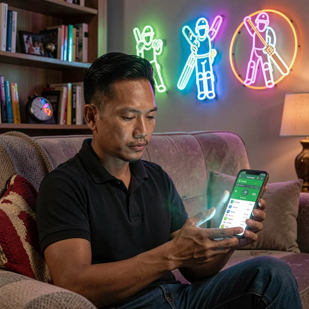 Focused Filipino sports fan using the 63PINAS betting app on his phone with glowing cricket icons in a modern living room