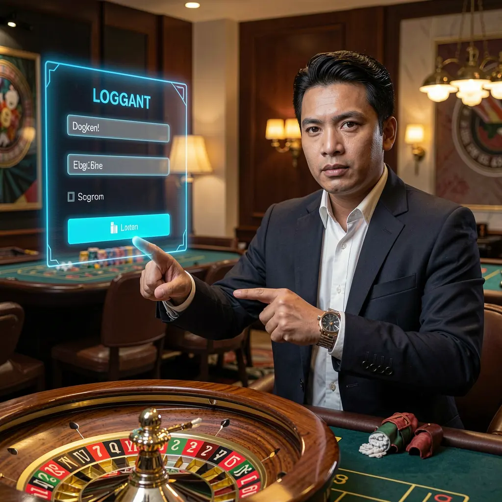 Stylish Filipino live casino dealer pointing at a bright holographic 63PINAS login panel above a glowing roulette table