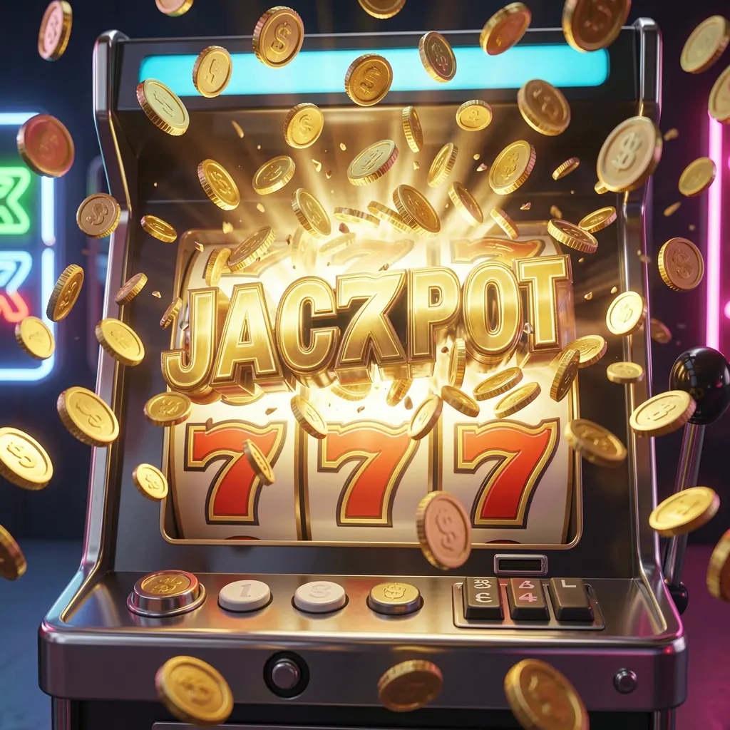A luxurious slot machine showing triple sevens with golden coins bursting around it representing high reward gameplay at 63PINAS casino for players in the Philippines